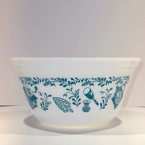 Vtg Federal Glass Milk Glass/Turquoise & White Mixing Bowl, 8" Mid Century